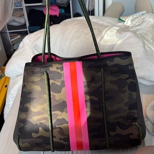 Haute Shore Camouflage Tote Bag with Pink and Red Stripes